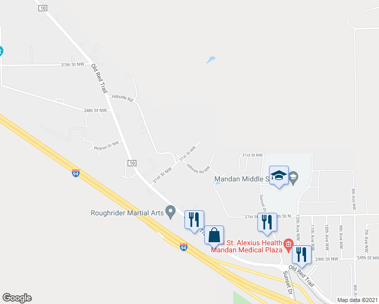 map of restaurants, bars, coffee shops, grocery stores, and more near 31st Street Northwest in Mandan