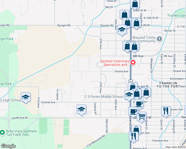 map of restaurants, bars, coffee shops, grocery stores, and more near 2725 Strand Avenue in Missoula