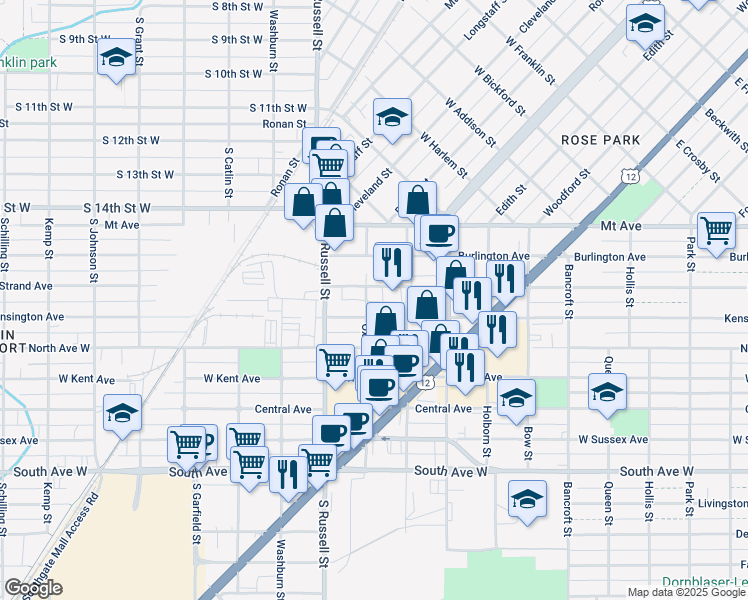 map of restaurants, bars, coffee shops, grocery stores, and more near 1135 Strand Avenue in Missoula