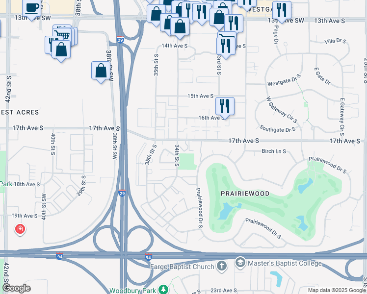 map of restaurants, bars, coffee shops, grocery stores, and more near 3340 17th Avenue South in Fargo