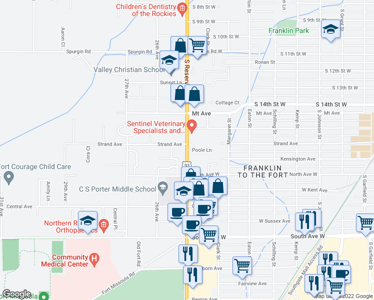 map of restaurants, bars, coffee shops, grocery stores, and more near Poole Lane in Missoula