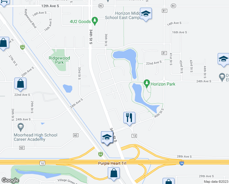 map of restaurants, bars, coffee shops, grocery stores, and more near 2411 36th Street South in Moorhead