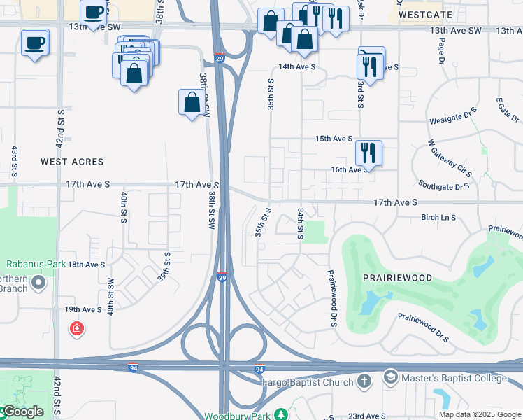 map of restaurants, bars, coffee shops, grocery stores, and more near 1709 35th Street South in Fargo