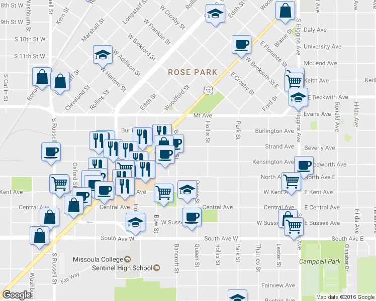 map of restaurants, bars, coffee shops, grocery stores, and more near 429 Strand Avenue in Missoula