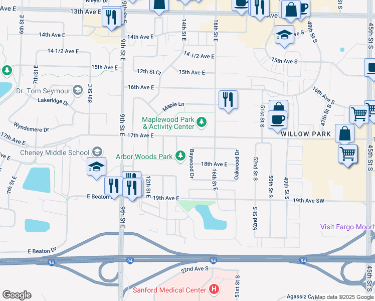 map of restaurants, bars, coffee shops, grocery stores, and more near 1534 Baywood Drive in West Fargo
