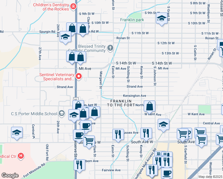 map of restaurants, bars, coffee shops, grocery stores, and more near 1807 Eaton Street in Missoula