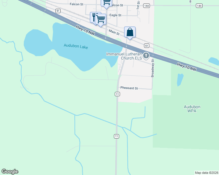 map of restaurants, bars, coffee shops, grocery stores, and more near 19440 County Highway 11 in Audubon