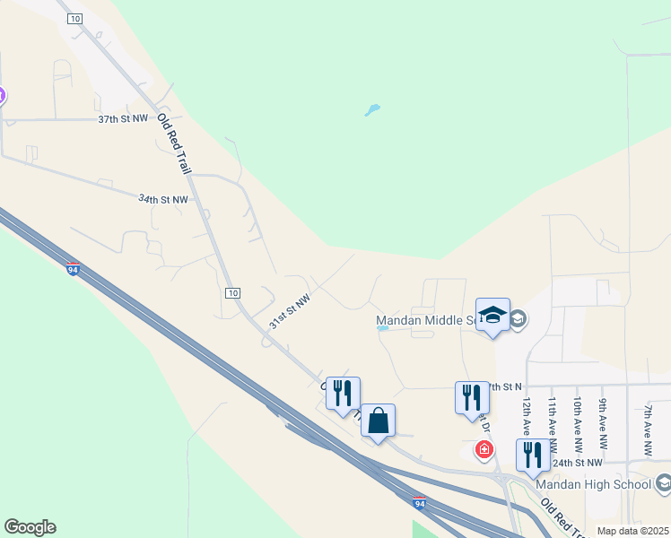 map of restaurants, bars, coffee shops, grocery stores, and more near 31st Street Northwest in Mandan