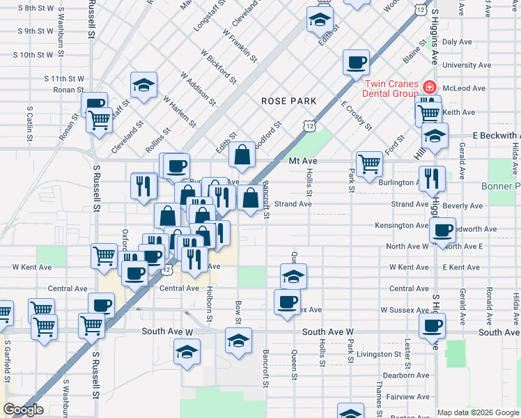 map of restaurants, bars, coffee shops, grocery stores, and more near 471 Strand Avenue in Missoula