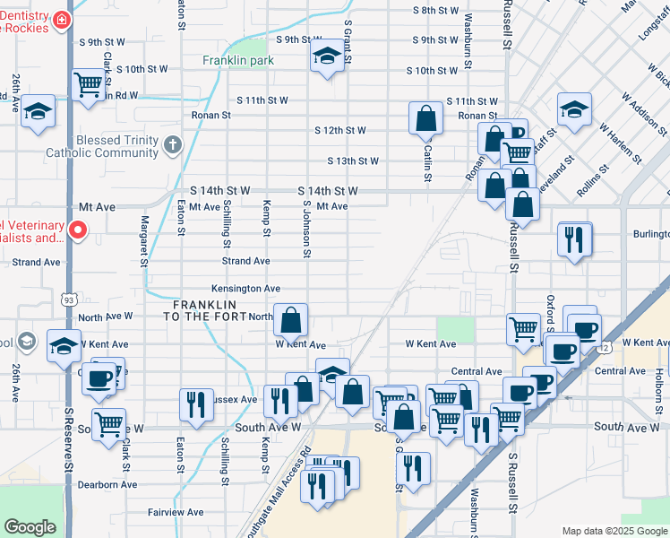map of restaurants, bars, coffee shops, grocery stores, and more near 1919 Strand Avenue in Missoula