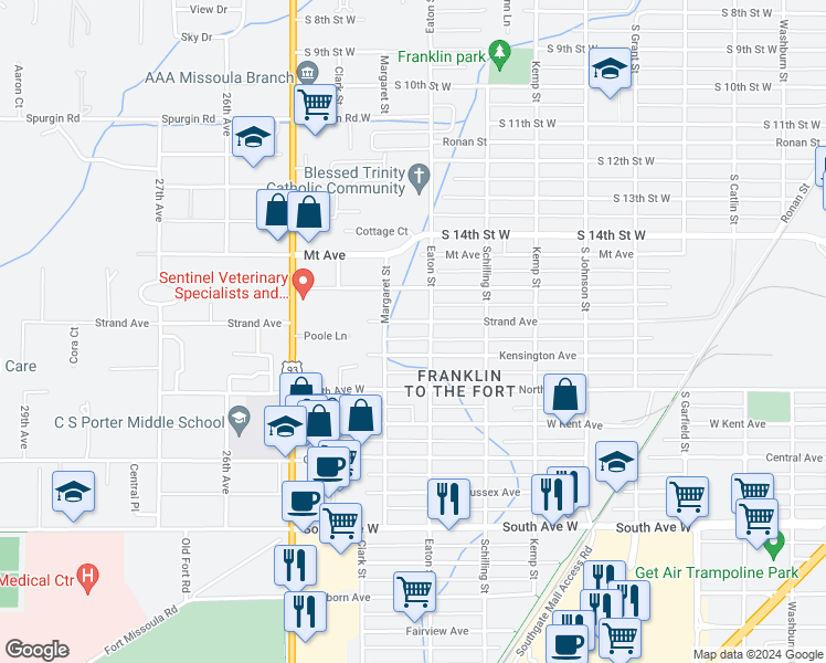 map of restaurants, bars, coffee shops, grocery stores, and more near 1807 Eaton Street in Missoula