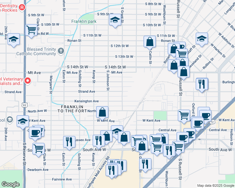 map of restaurants, bars, coffee shops, grocery stores, and more near 1919 Strand Avenue in Missoula