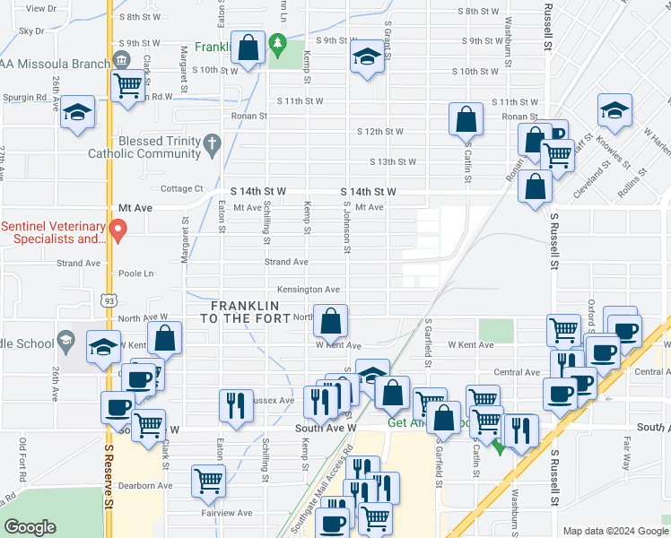 map of restaurants, bars, coffee shops, grocery stores, and more near 2015 Strand Avenue in Missoula