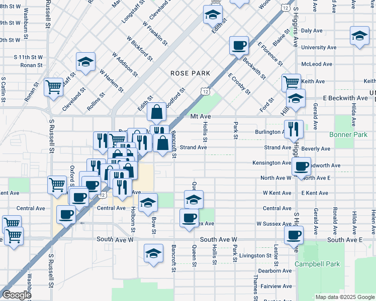 map of restaurants, bars, coffee shops, grocery stores, and more near 421 Strand Avenue in Missoula