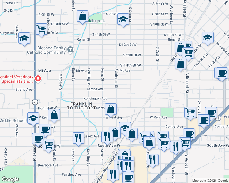 map of restaurants, bars, coffee shops, grocery stores, and more near 2001 Strand Avenue in Missoula