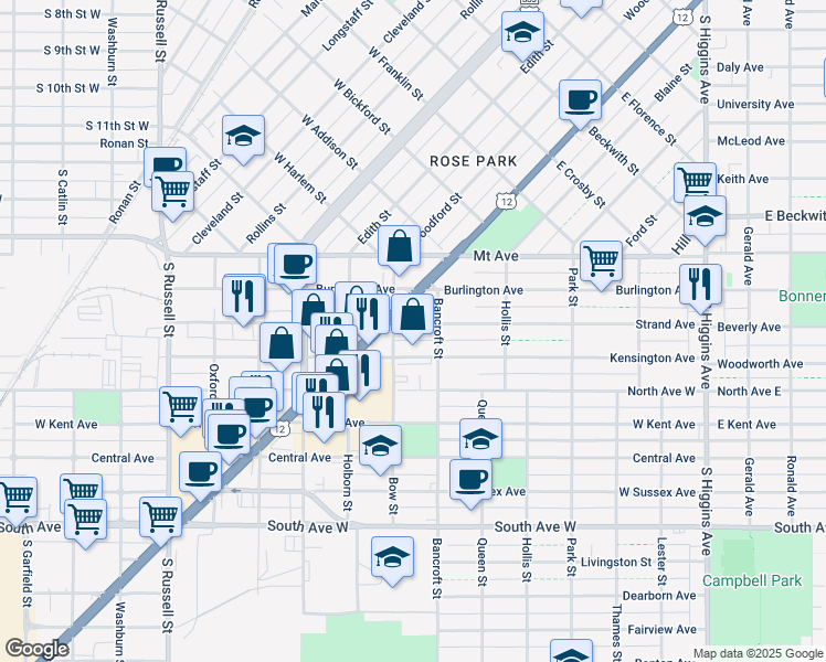 map of restaurants, bars, coffee shops, grocery stores, and more near 725 Strand Avenue in Missoula