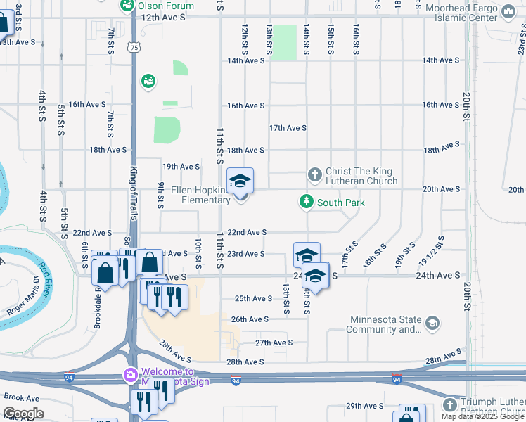 map of restaurants, bars, coffee shops, grocery stores, and more near 2020 11th Street South in Moorhead