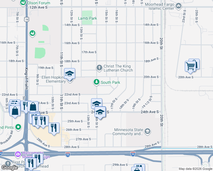 map of restaurants, bars, coffee shops, grocery stores, and more near 1420 21st Avenue South in Moorhead