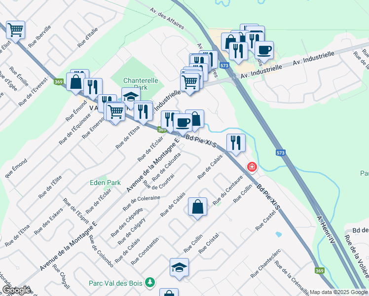 map of restaurants, bars, coffee shops, grocery stores, and more near 1021 Rue de Cadix in Québec