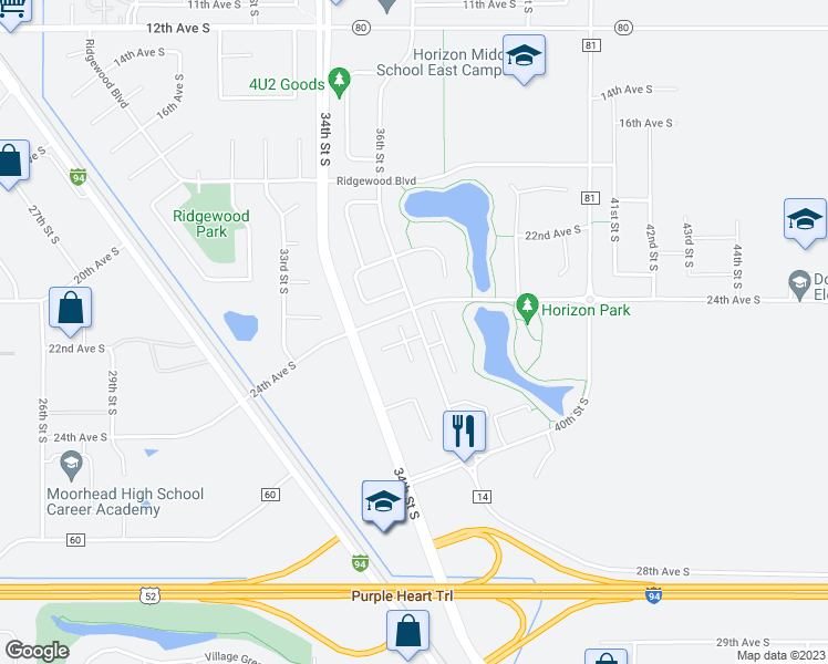 map of restaurants, bars, coffee shops, grocery stores, and more near 2401 36th Street South in Moorhead