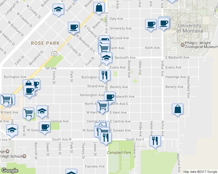 map of restaurants, bars, coffee shops, grocery stores, and more near 119 Beverly Street in Missoula