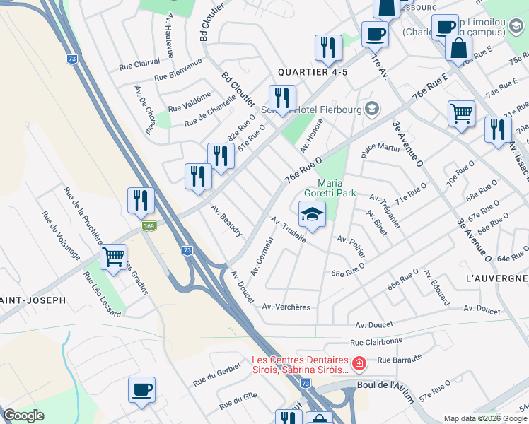 map of restaurants, bars, coffee shops, grocery stores, and more near 7650 Avenue Trudelle in Quebec City