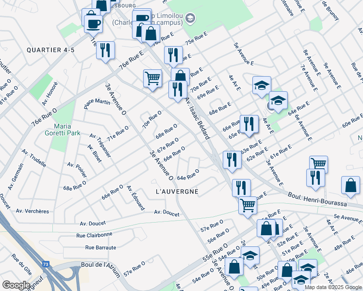 map of restaurants, bars, coffee shops, grocery stores, and more near 165 66e Rue Ouest in Ville de Québec
