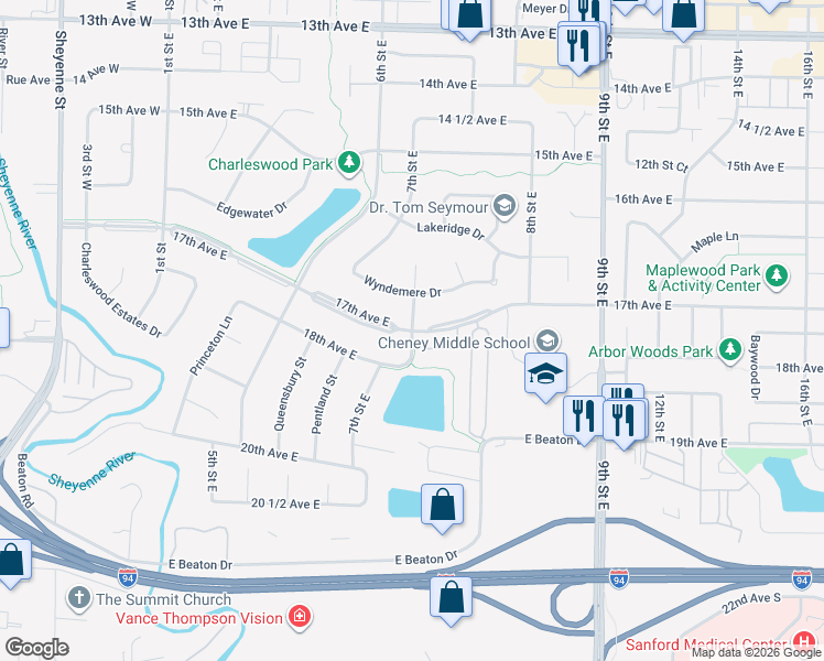 map of restaurants, bars, coffee shops, grocery stores, and more near 7th Street East in West Fargo