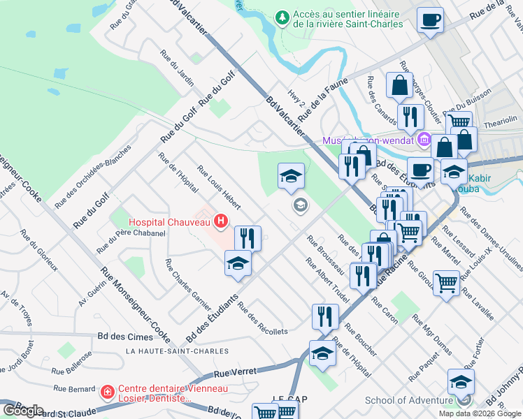 map of restaurants, bars, coffee shops, grocery stores, and more near Rue Albert Trudel in Québec
