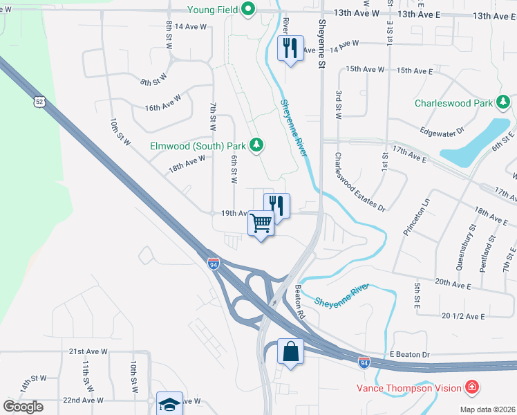 map of restaurants, bars, coffee shops, grocery stores, and more near 436 19th Avenue West in West Fargo