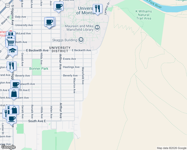 map of restaurants, bars, coffee shops, grocery stores, and more near 1800 Madeline Ave in Missoula