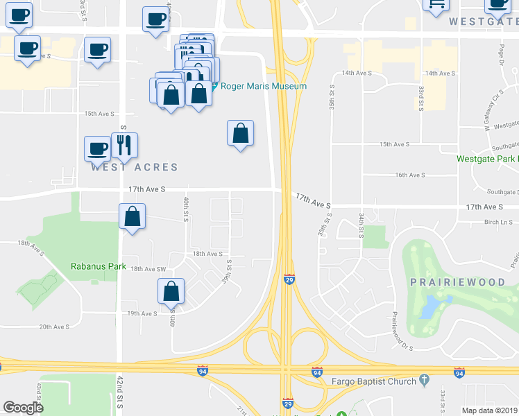 map of restaurants, bars, coffee shops, grocery stores, and more near 1701 38th Street South in Fargo