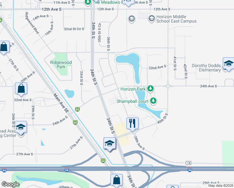 map of restaurants, bars, coffee shops, grocery stores, and more near 2430 36th Street South in Moorhead