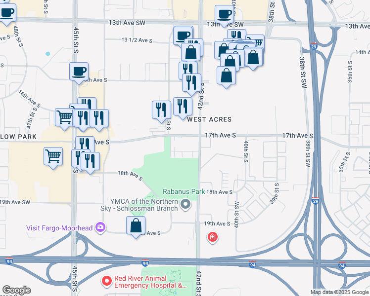 map of restaurants, bars, coffee shops, grocery stores, and more near 1727 42nd Street South in Fargo