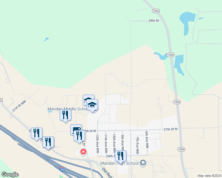 map of restaurants, bars, coffee shops, grocery stores, and more near 3108 12th Avenue Northwest in Mandan