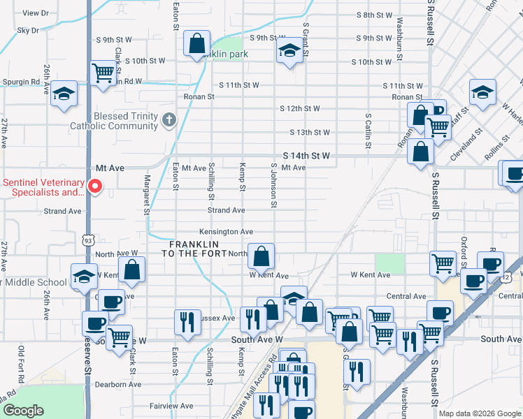 map of restaurants, bars, coffee shops, grocery stores, and more near 2001 Strand Avenue in Missoula