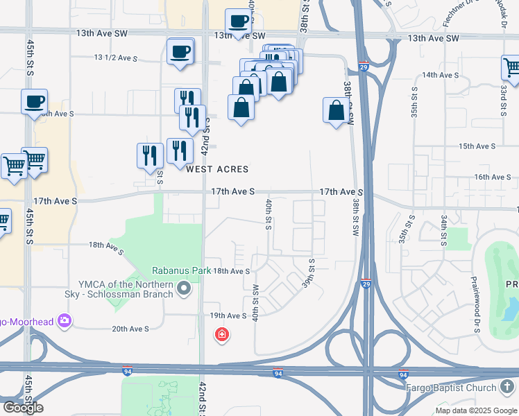 map of restaurants, bars, coffee shops, grocery stores, and more near 4002 17th Avenue South in Fargo