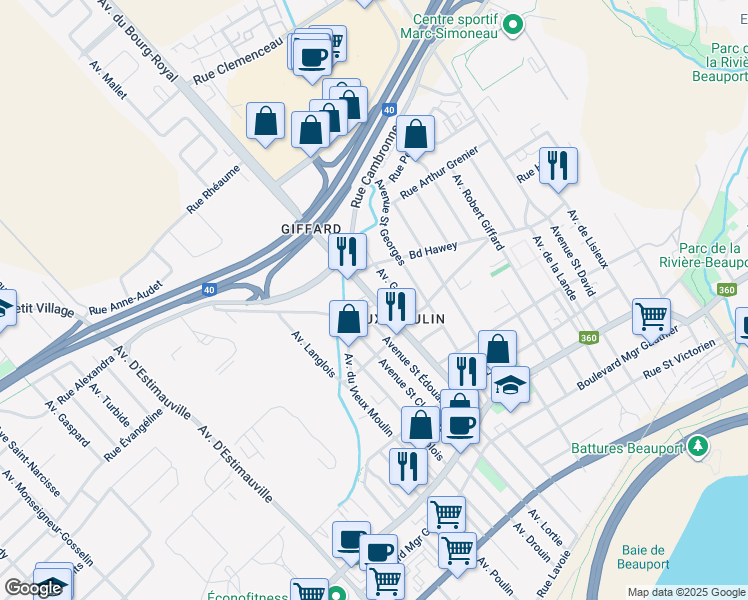 map of restaurants, bars, coffee shops, grocery stores, and more near 2449 Avenue du Bourg Royal in Ville de Québec
