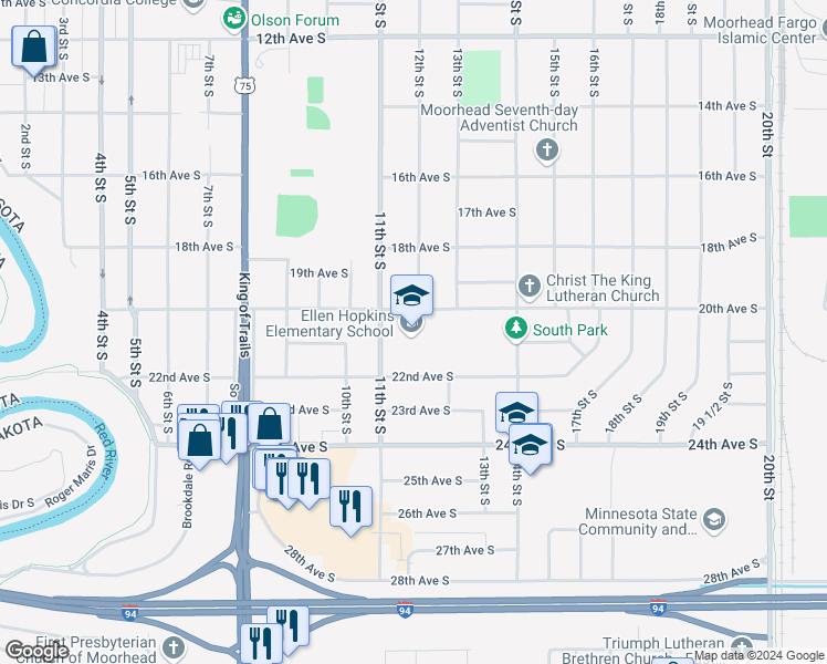 map of restaurants, bars, coffee shops, grocery stores, and more near 2020 11th Street South in Moorhead