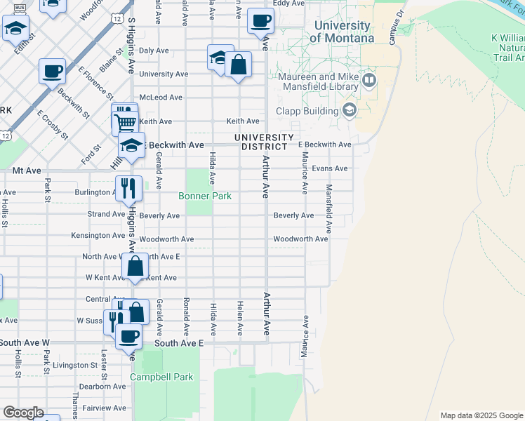map of restaurants, bars, coffee shops, grocery stores, and more near 545 Beverly Avenue in Missoula