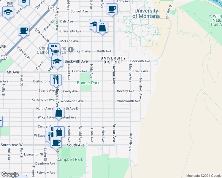 map of restaurants, bars, coffee shops, grocery stores, and more near 526 Beverly Avenue in Missoula