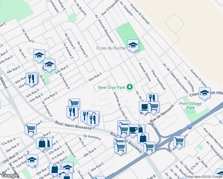 map of restaurants, bars, coffee shops, grocery stores, and more near 5445 Avenue de la Villa Saint Vincent in Québec