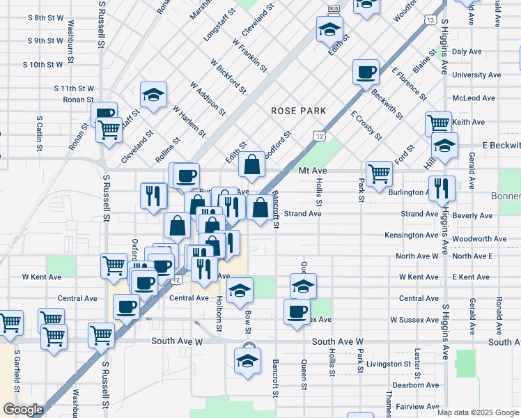 map of restaurants, bars, coffee shops, grocery stores, and more near 725 Strand Ave in Missoula