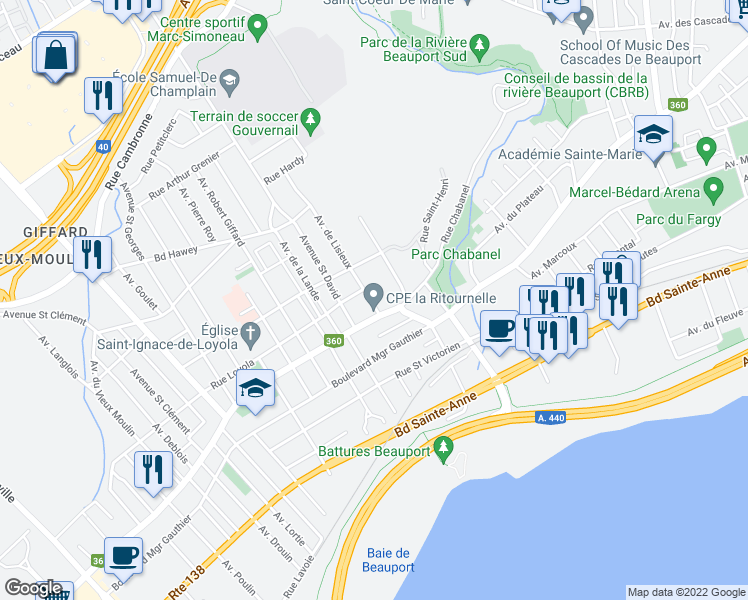 map of restaurants, bars, coffee shops, grocery stores, and more near 2158 Avenue de Lisieux in Québec