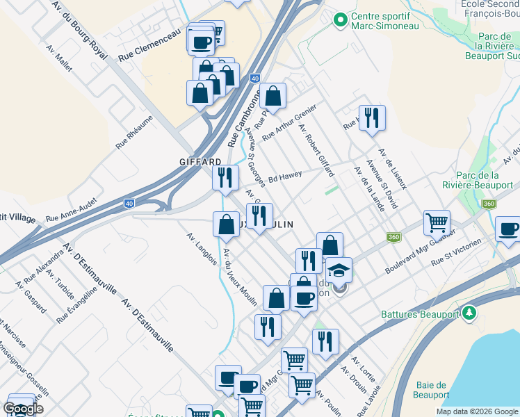 map of restaurants, bars, coffee shops, grocery stores, and more near 2431 Avenue Goulet in Québec