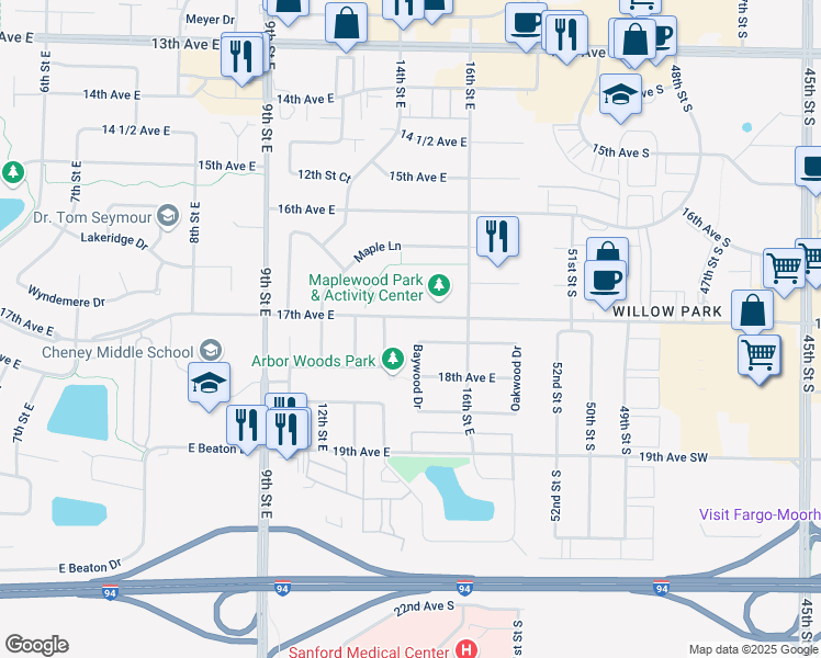 map of restaurants, bars, coffee shops, grocery stores, and more near 1534 Baywood Drive in West Fargo