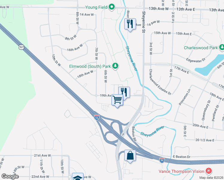 map of restaurants, bars, coffee shops, grocery stores, and more near 1893 6th Street West in West Fargo