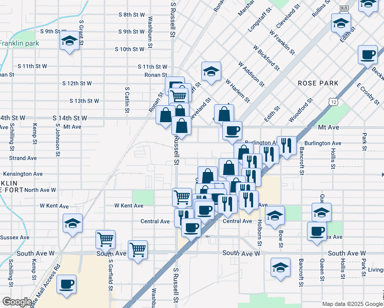 map of restaurants, bars, coffee shops, grocery stores, and more near 1135 Strand Avenue in Missoula