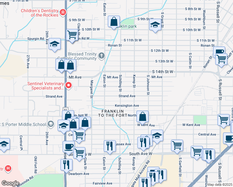 map of restaurants, bars, coffee shops, grocery stores, and more near 2217 Strand Avenue in Missoula