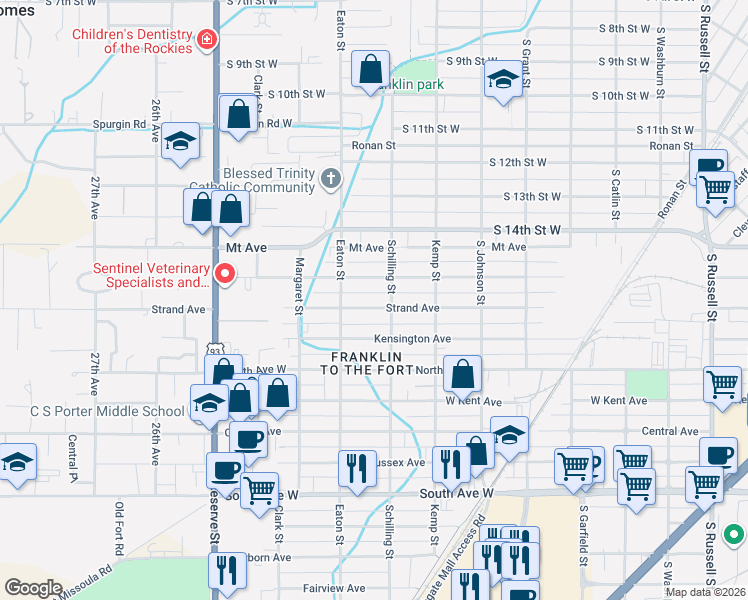 map of restaurants, bars, coffee shops, grocery stores, and more near 2217 Strand Avenue in Missoula